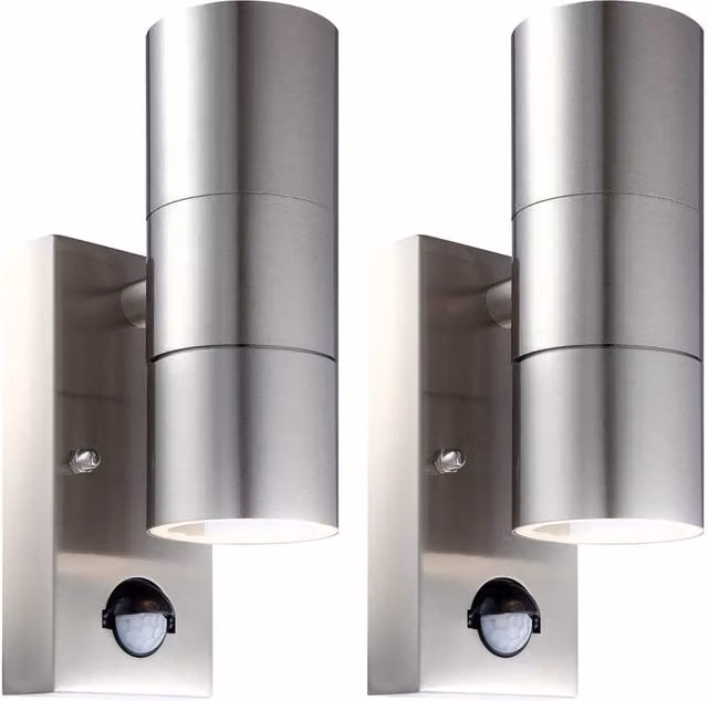 First Choice Lighting Blaze Set of 2 Silver Stainless Steel Motion Sensor Wall Lights