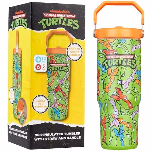 Get Trend Teenage Mutant Ninja Turtles Insulated Stainless Steel Tumbler with Straw and Handle, Green and Multicolour, 850ml