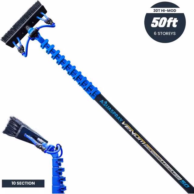 Aquaspray Venom 30T High-Mod Carbon Fibre Waterfed Window Cleaning Pole, Blue, 50ft