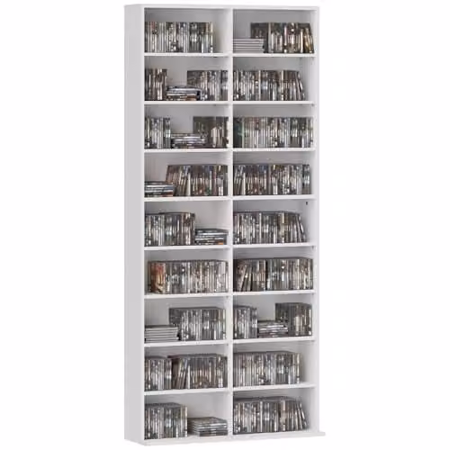 HOMCOM White Media Storage Unit with 18 Compartments and Adjustable Shelves – 1