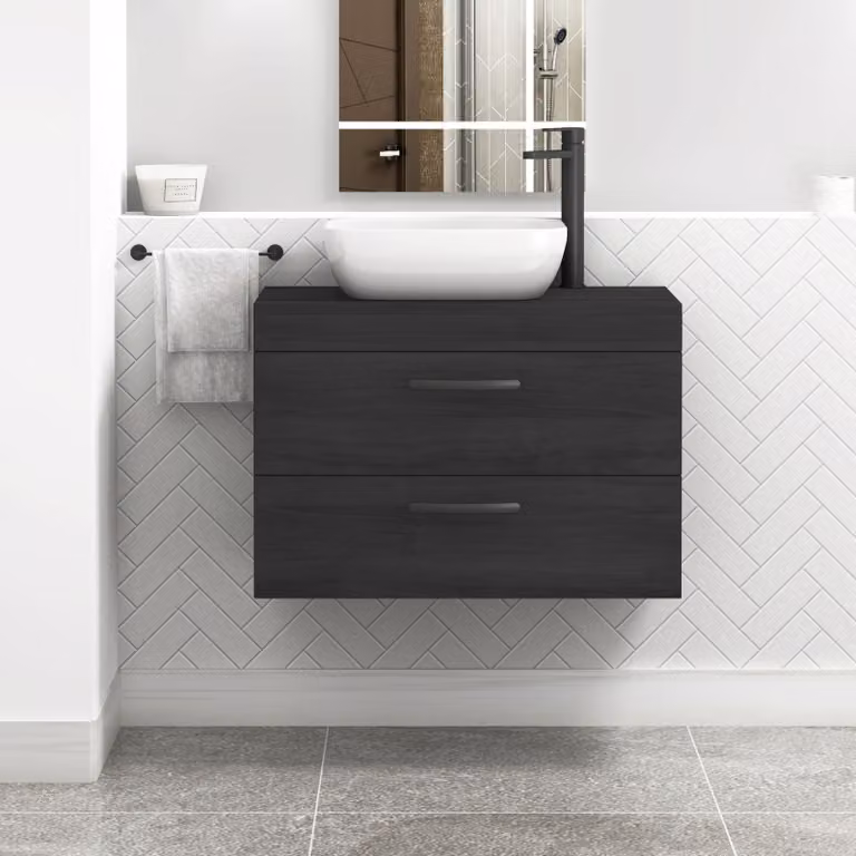 Royal Bathrooms Hale 800mm Wall Hung Vanity Unit in Black with Elva Countertop Basin and Matt Black Handles