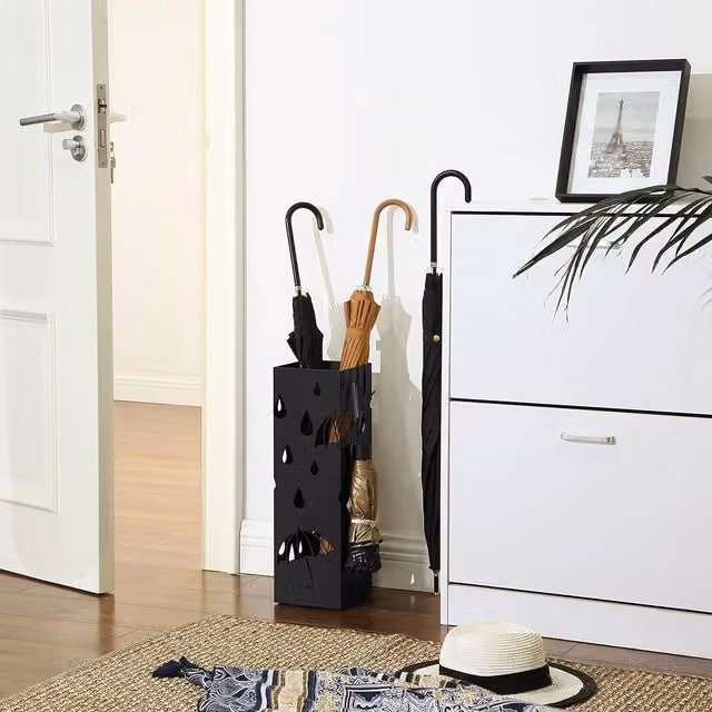 The Bazaarist Square Metal Umbrella Stand with Removable Drip Tray, Black