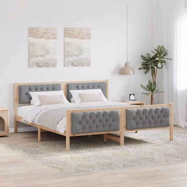 Berkfield Home Upholstered Bed Frame in Grey Solid Pine Wood, W/D/H: 180 x 200 cm – 1