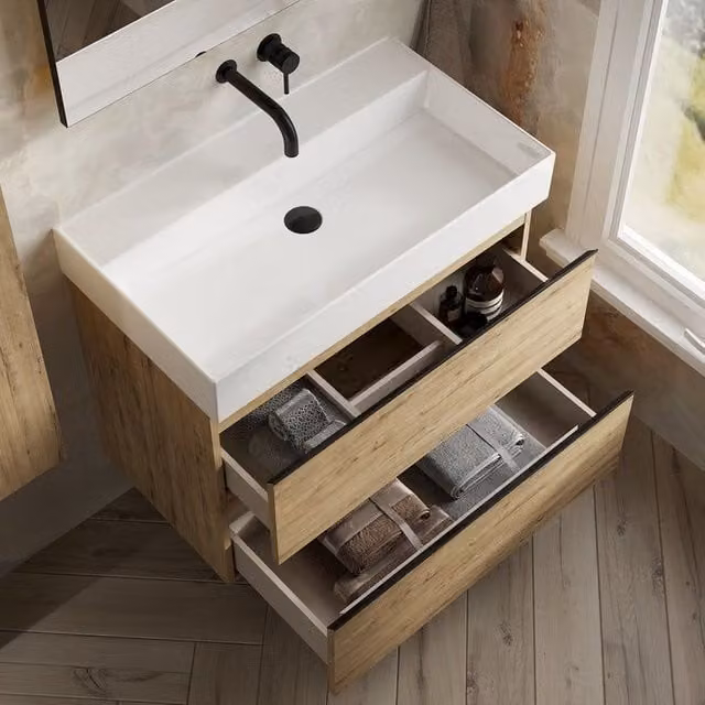 Banyetti Vatilla 800mm Wall Hung Vanity with Veneto No Tap Hole Basin in Ostippo Light Oak