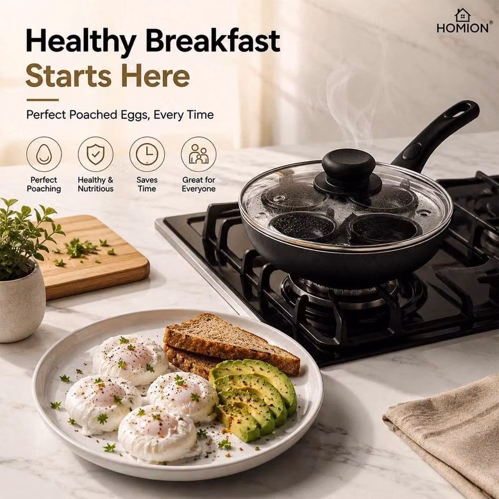 FLAVORA Non Stick 4 Cup Egg Poacher Pan with Glass Lid, Black – 3