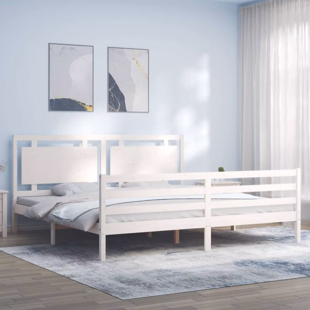 Berkfield Home Solid Wood Pine Bed Frame with Headboard in White, 200 x 200 cm – 2