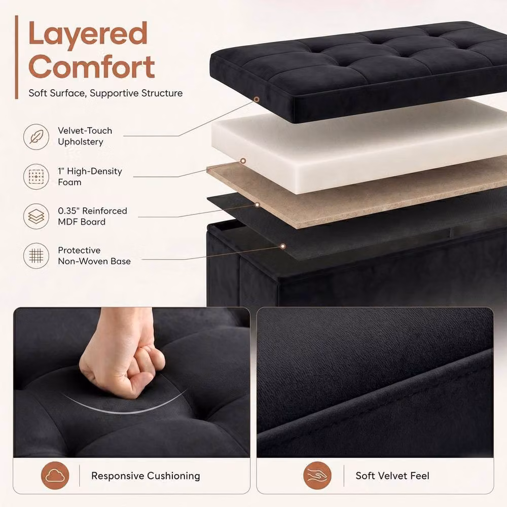 KORVIXA Black Velvet Storage Ottoman Bench Footstool W/D/H: 100 x 100 x 76 cm – 4