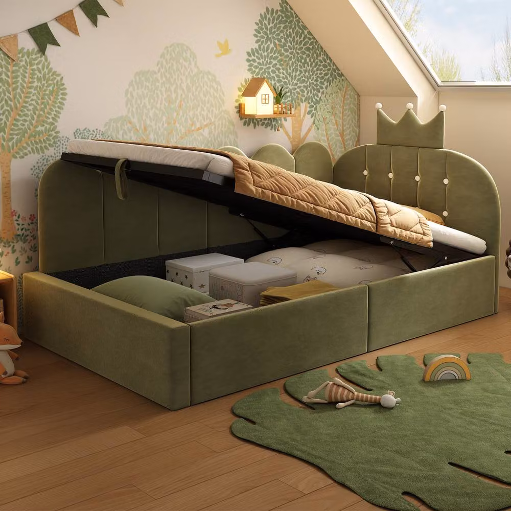 STILVORA Modern Upholstered Single Bed Frame with Lift Up Storage Base in Green Velvet, W/D/H: 90 x 190 cm – 2