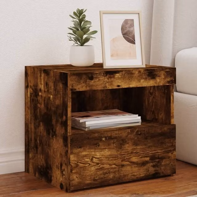 Berkfield Home Bedside Cabinet with Integrated LED Lights in Smoked Oak Brown, W: 50 cm, D: 40 cm, H: 45 cm