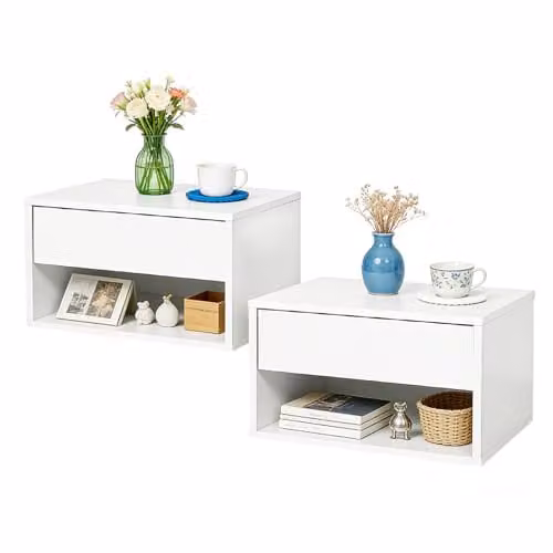 Levede Set of 2 Floating Bedside Tables, Wall Mounted White Nightstands with Drawer and Open Shelf, W/D/H: 37 x 32 x 21 cm