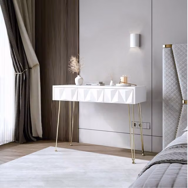 CARME HOME Claudia White 3 Drawer Dressing Table with Gold Metal Hairpin Legs