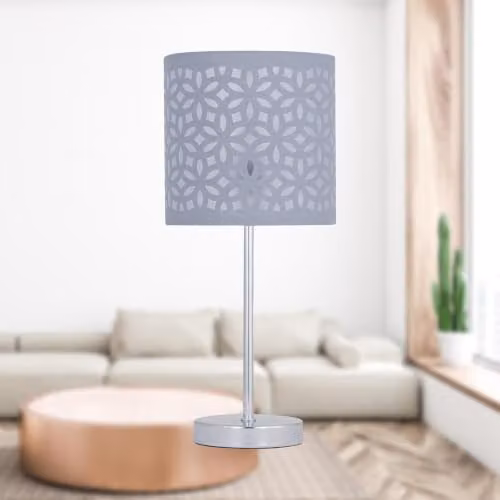 First Choice Lighting Chrome Stick Table Lamp with Grey Laser Cut Shade in Silver – 3