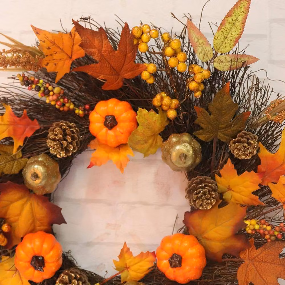 Garden Sanctuary Orange Prelit Artificial Autumn and Halloween Wreath with Seasonal Leaves – 5