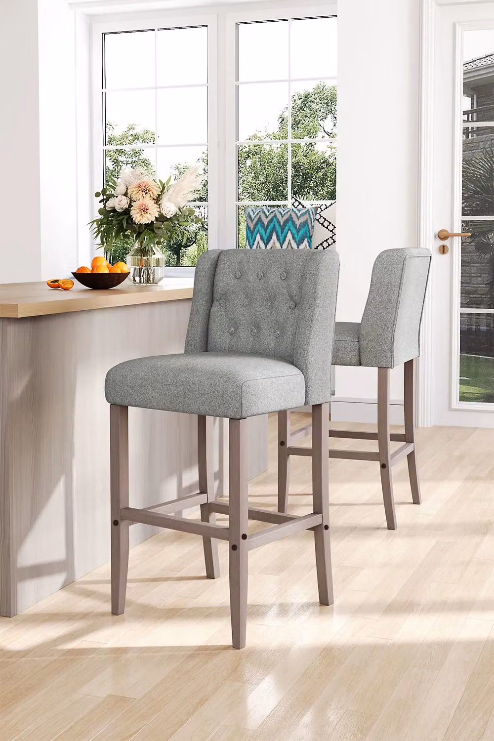 Living and Home Set of 2 Linen Upholstered Button Tufted Bar Stools with Wood Legs in Light Grey – 2