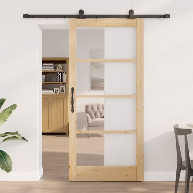 Berkfield Home Orkdal Sliding Door with Hardware Set in Beige Lacquered Solid Wood and Glass