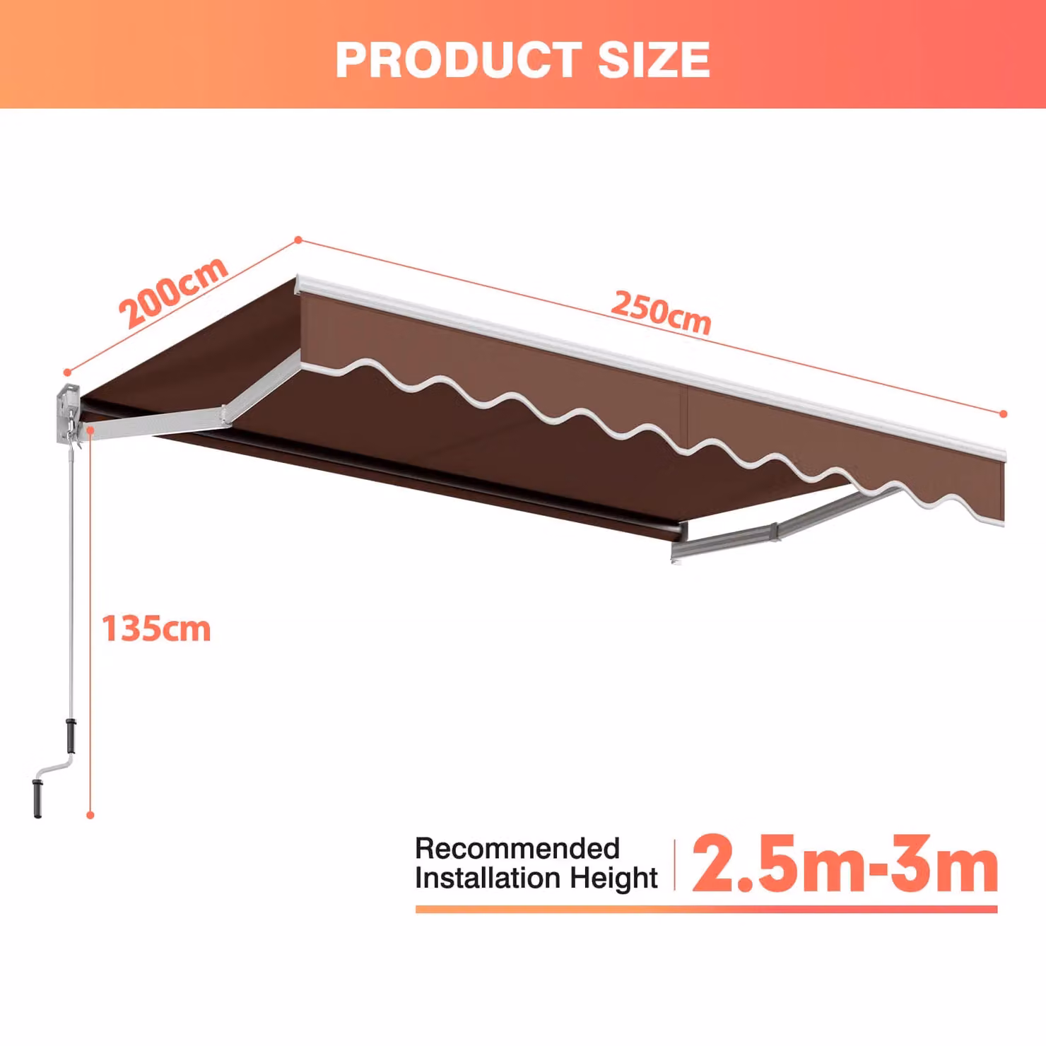 Costway Retractable Aluminium Patio Sun Shade with Crank Handle and Folding Arms, Brown – 2