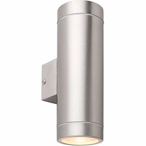 Loops Up & Down Twin Outdoor Wall Light in Brushed Stainless Steel and Clear Glass, IP44 Rated, Dimmable, GU10 LED, H 20.6 cm x W 10.6 cm x D 7.6 cm – 1