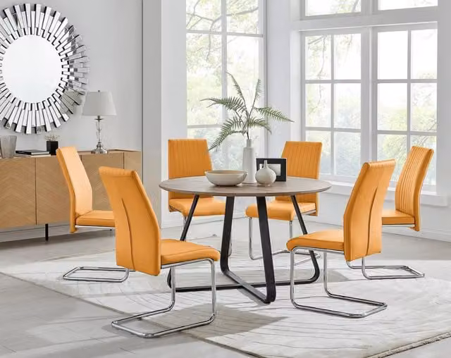 FurnitureboxUK Santorini Brown Wood Effect Round Dining Table and 6 Black Lorenzo Chairs in Mustard