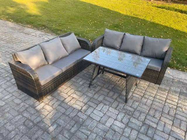 Fimous 6 Seater Rattan Garden Furniture Set with Rectangular Dining Table in Dark Grey Mixed