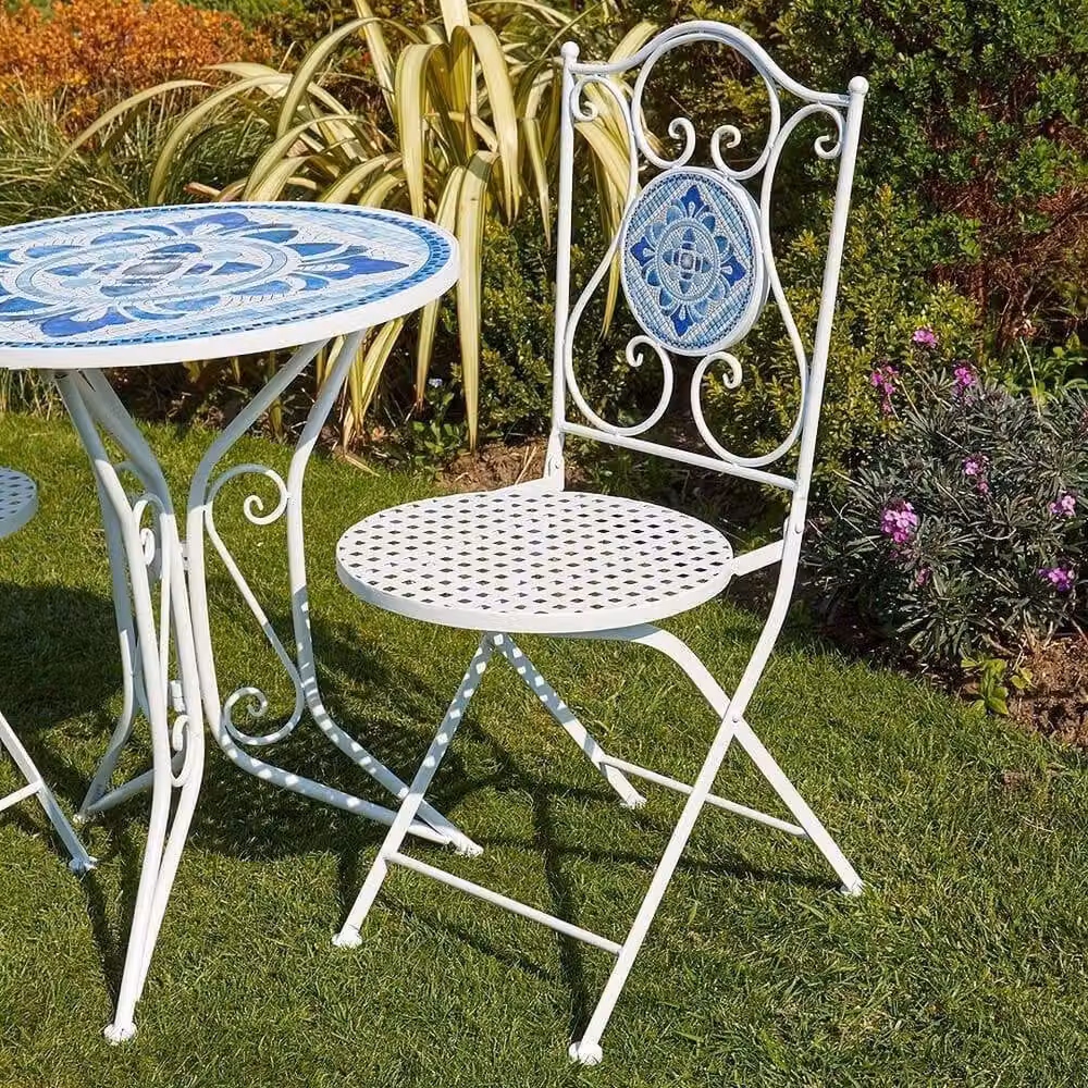 FLAVORA Set of 2 Blue and White Mediterranean Geometric Mosaic Folding Metal Outdoor Bistro Chairs – 3