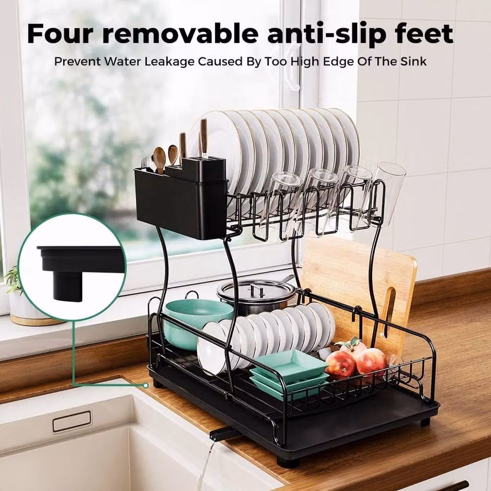 NESTLUNE Expandable 2 Tier Dish Drainer Rack with Cutlery Holder and Drip Tray, Black, W: 100 cm, D: 15 cm – 3