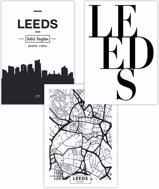 ARTZE Set of 3 Leeds Skyline Street Map City Art Posters in Black, W: 42 cm, H: 59 cm