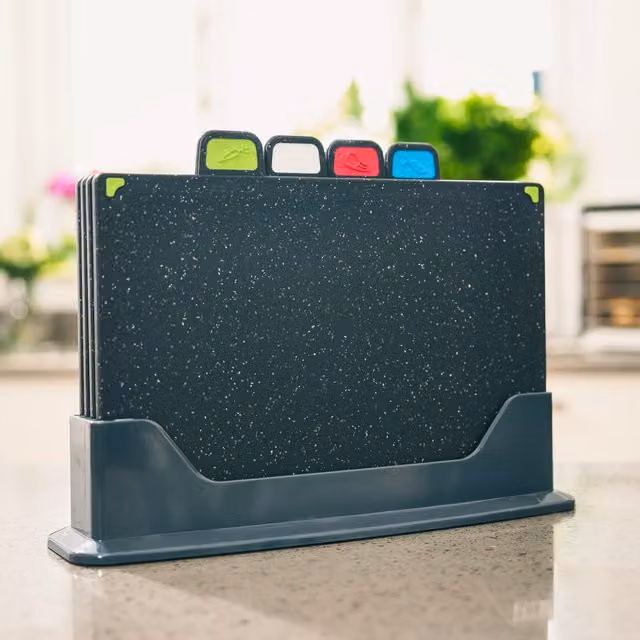 Cooks Professional Index 4 Piece Non-Slip Chopping Board Set with Stand in Dark Grey and Black – 1