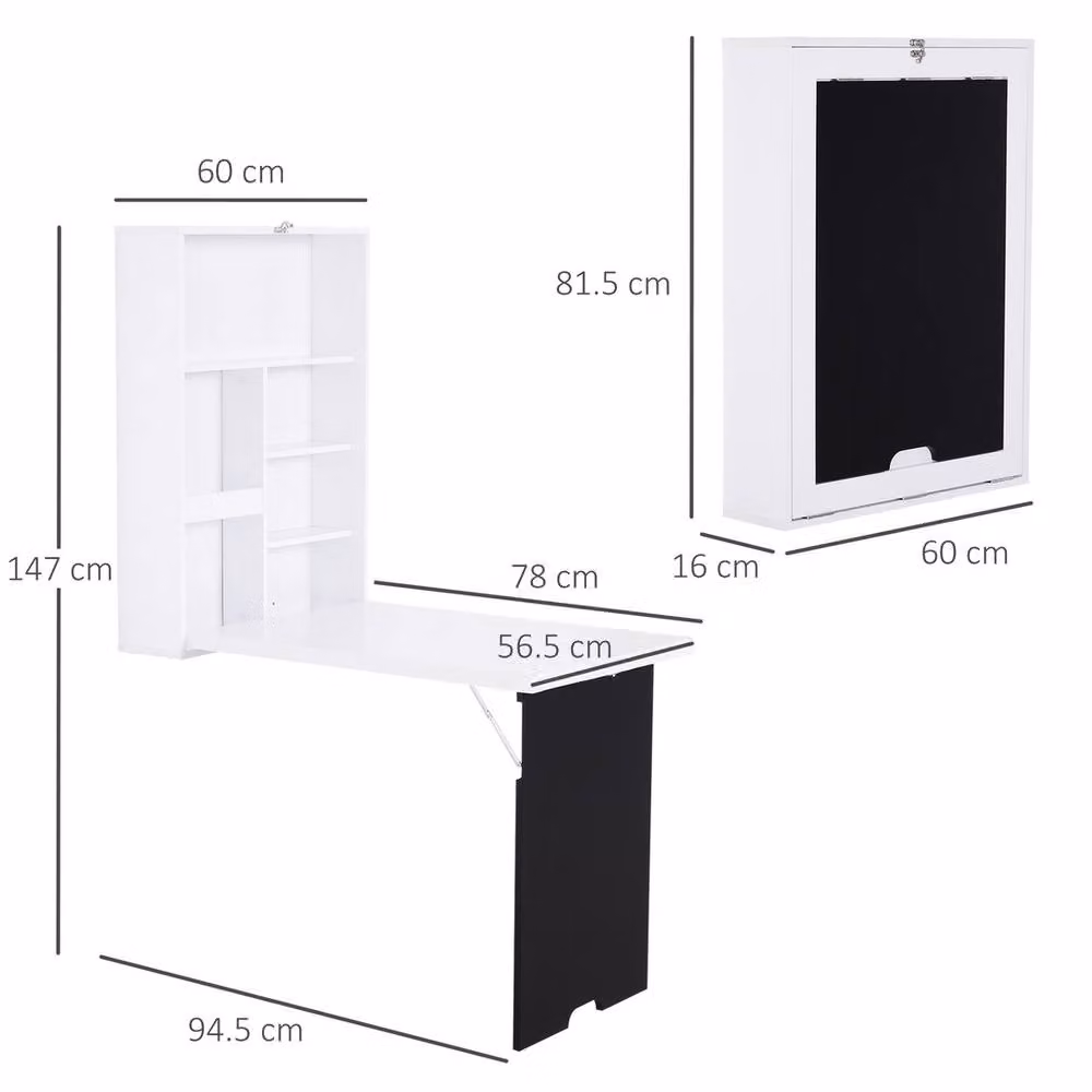 FORGEVIO Wall-Mounted Folding Drop-Leaf Writing Desk and Chalkboard Shelf in White, W/D/H: 147 x 60 x 147 cm – 2