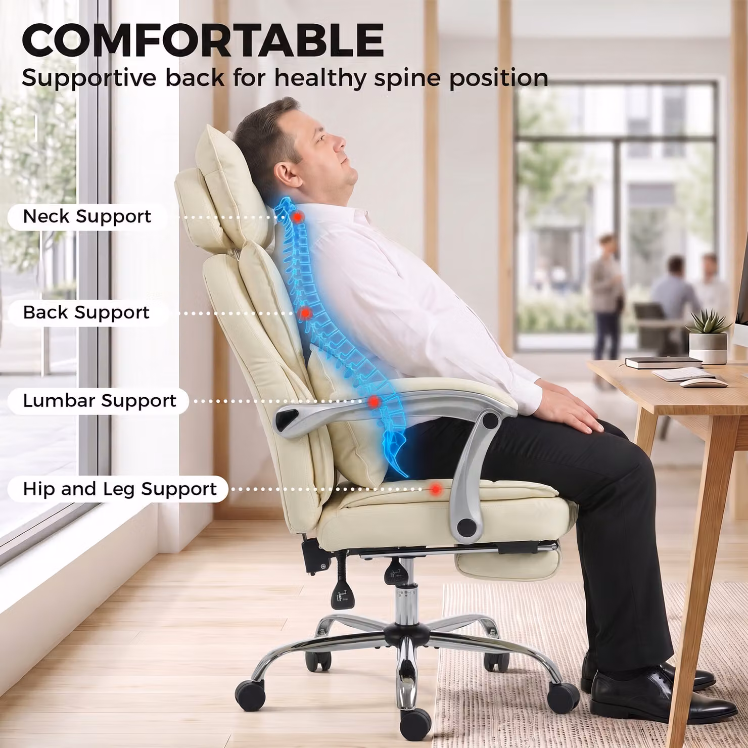 HOMCOM Executive Big and Tall Office Chair in Beige with Synthetic Leather, Headrest and Lumbar Support – 6