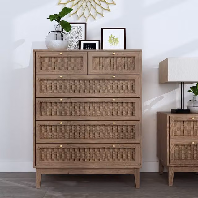 LPD Home Bordeaux 6-Drawer Chest in Oak with Rattan Details