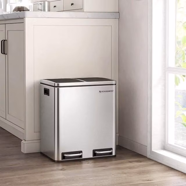 SONGMICS Double Kitchen Bin with Soft Close Pedal and Removable Inner Buckets, Silver Steel – 1