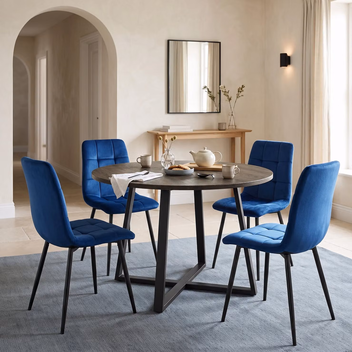 DHS Modern Round Dining Table Set with 4 Blue Upholstered Chairs, Diameter: 110 cm, Height: 75 cm