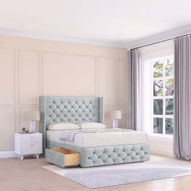 Sloomy Luthor Naples Wingback Bed Set in Silver Velvet with 2 Drawers and Floor Standing Headboard, Super King, W/D/H: 200 x 200 cm