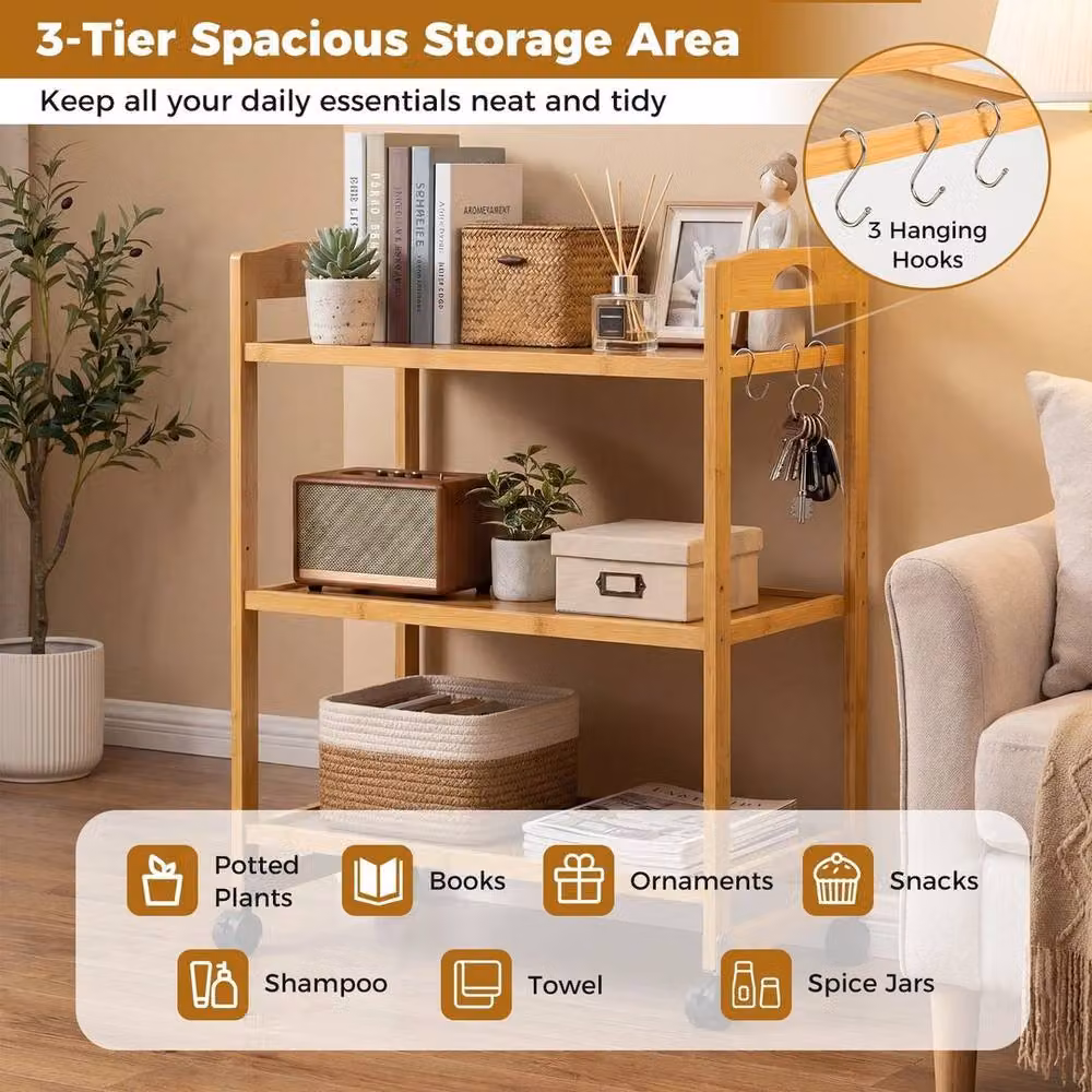 KORVIXA 3-Tier Bamboo Rolling Utility Cart with Adjustable Shelves in Natural Brown, H 90 cm x W 72 cm x D 40 cm – 3