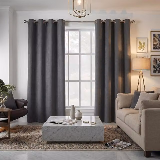 Livinluxury Grey Velvet Chenille Opaque Eyelet Top Curtains, Height: 183 cm