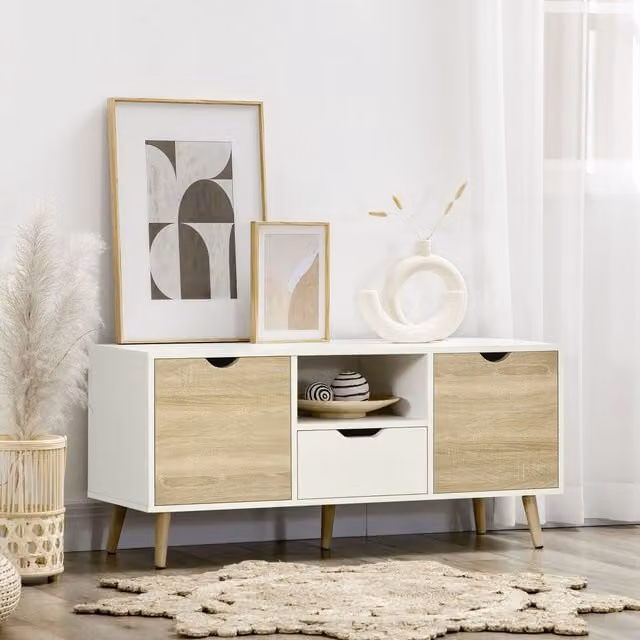 HOMCOM Modern TV Unit Cabinet Stand with Cabinets and Drawer in Light Brown – 1