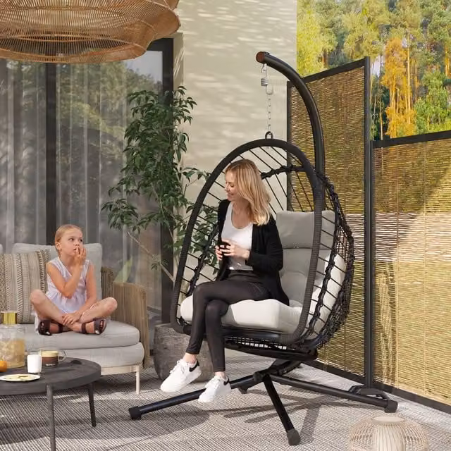 OUTSUNNY Black Hanging Swing Chair with Thick Upholstered Cushion and Metal Frame – 1