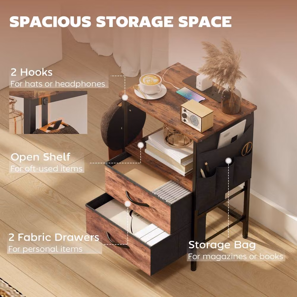 STILVORA Rustic Brown Bedside Table with Charging Station and Storage – 7