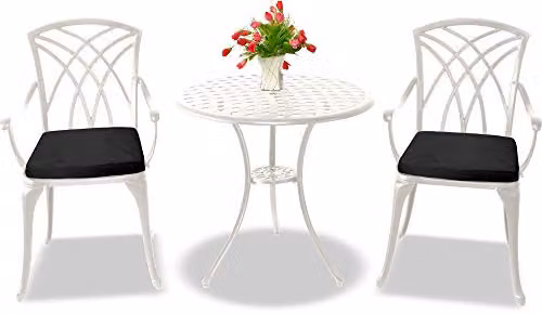 Centurion Supports OSHOWA Cast Aluminium Bistro Set with Round Garden Table and 2 Armchairs with Black Cushions, White