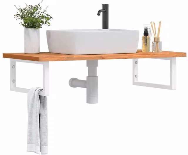 Berkfield Home Wall Mounted Basin Shelf in Brown Steel and Solid Beech Wood