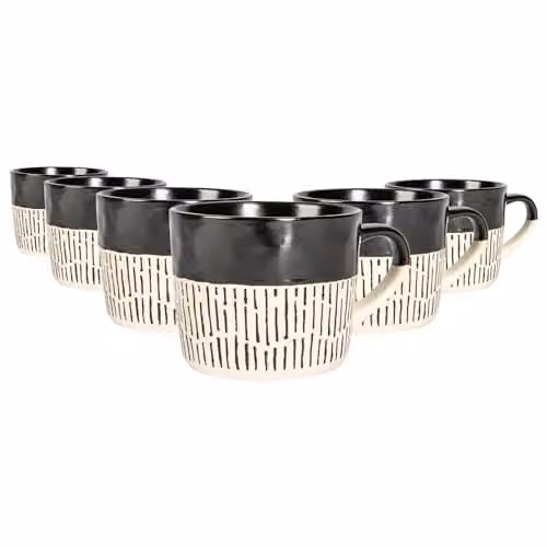 Nicola Spring Set of 6 Black Dipped Dash Ceramic Stoneware Coffee Mugs, 475ml