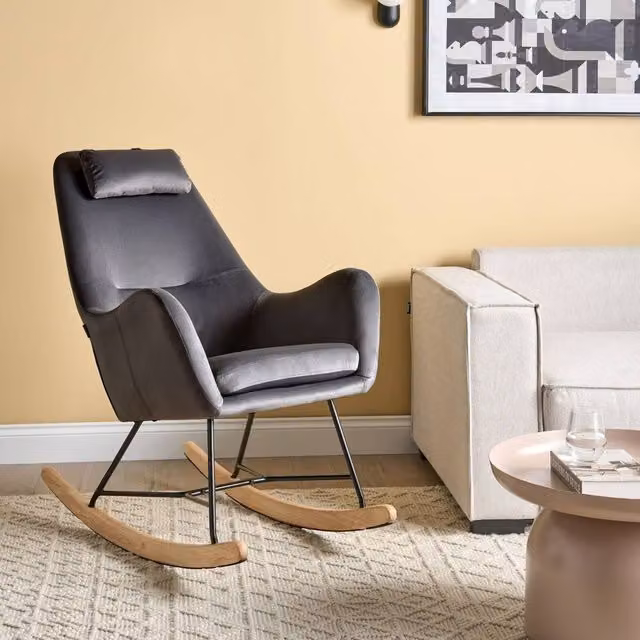 Wyld and Coco Grey Velvet Rocking Chair with Armrests and Mixed Wood and Metal Legs