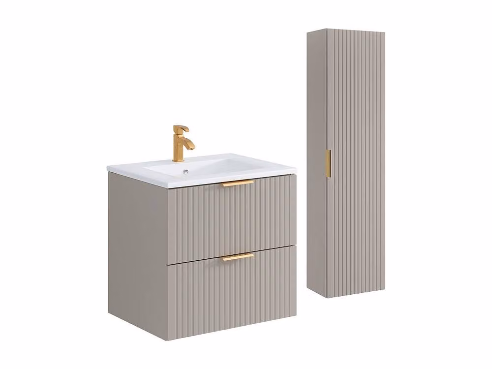 Vente-unique Striped Bathroom Vanity Unit with Inset Basin and Tall Storage Cabinet in Beige – 2