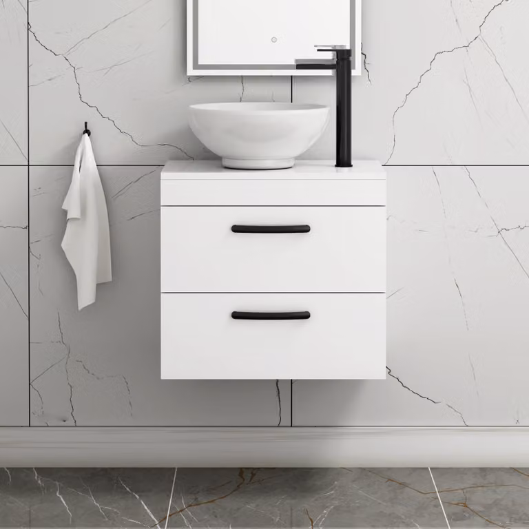 Royal Bathrooms 600mm Wall Hung Gloss White Vanity Unit with Breeze Countertop Basin and Matt Black Handles