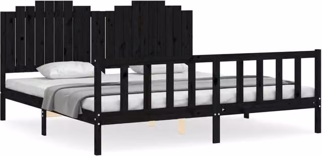 Berkfield Home Solid Wood Bed Frame with Headboard in Black, 200 x 200 cm