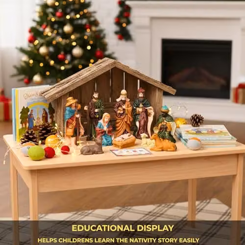 Shatchi Handmade Nativity Scene Wooden Stable Figurine, Multicolour Christmas Decoration – 7