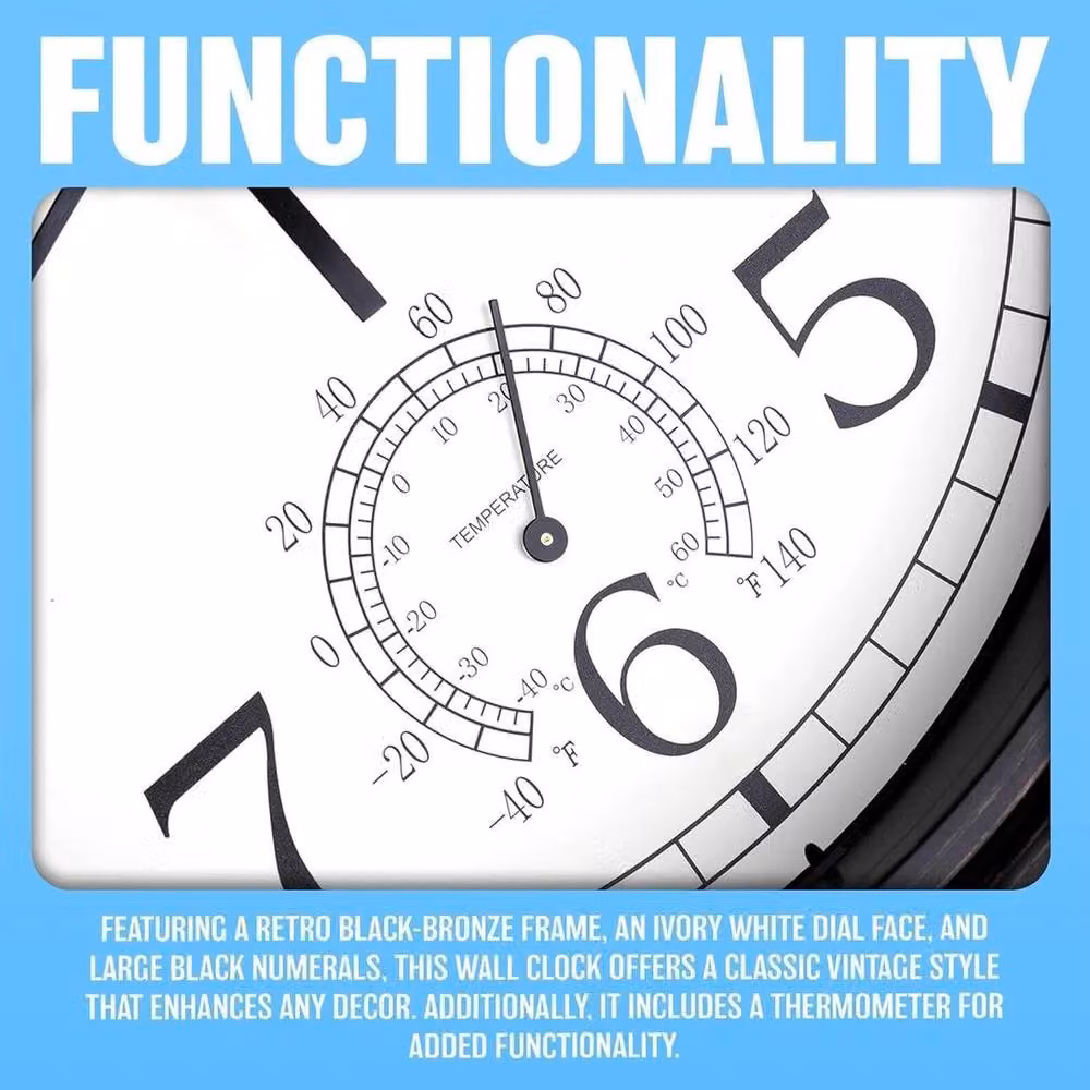 SPETLEK Vintage Round Metal Garden Wall Clock with Thermometer, Black, Diameter: 30.48 cm – 4