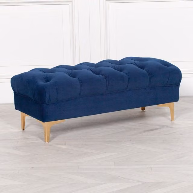 Glasstone Blue Velvet Buttoned Ottoman Stool with Gold Metal Accents W/D/H: 101 x 46 x 41 cm