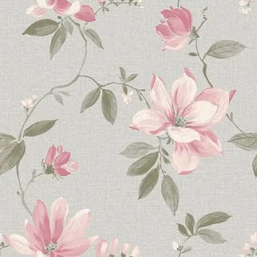 Grandeco Adeline Traditional Floral Botanical Textured Wallpaper, Pink and Grey