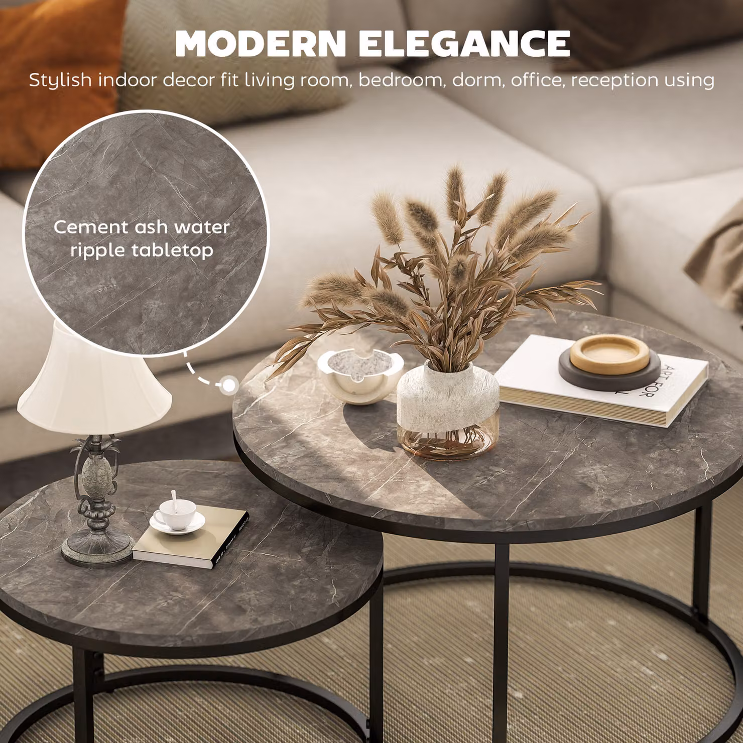 HOMCOM Industrial Nesting Coffee Table Set of 2 with Grey Abstract Faux Marbled MDF Tops and Metal Frame – 4